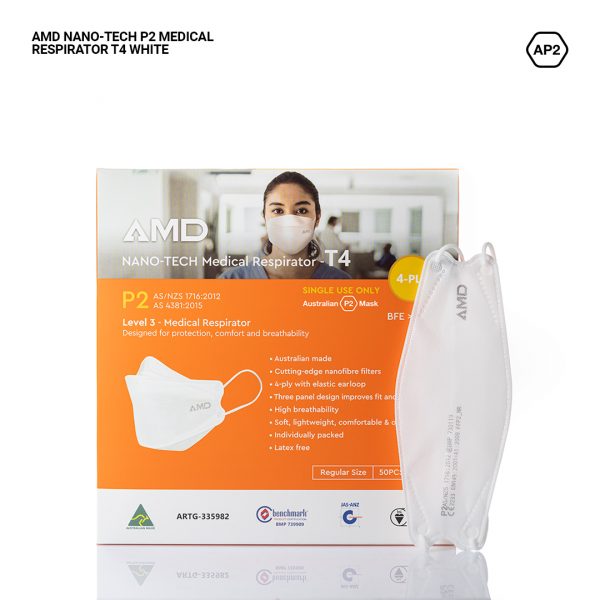White AMD NANO-TECH Medical Respirator T4 P2 In Box On Reflective White Background With Mask Out Of Packet