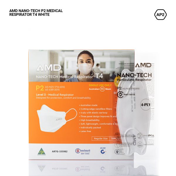 White AMD NANO-TECH Medical Respirator T4 P2 In Box On Reflective White Background With Mask In Factory Sealed Packaging