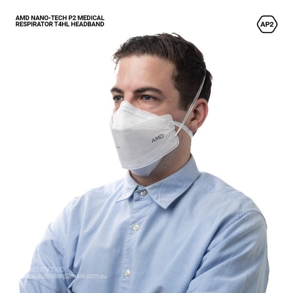 AMD NANO-TECH Medical Respirator T4HL Headband P2 Worn By Caucasian Male At 45 Degrees On White Background