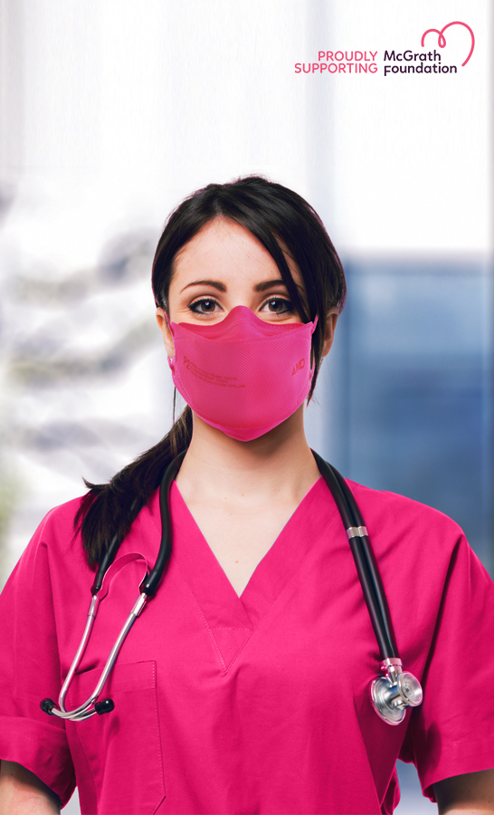 The AMD NANO-TECH Medical Respirator T4 P2 Mask In Pink Worn By Nurse. McGrath Foundation Fundraiser x Australian P2 Mask Exclusive